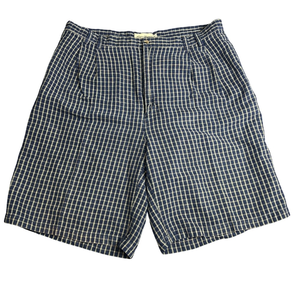 Eddie Bauer Mens Navy Blue Tan Grid Check Pleated Chino Shorts 46T